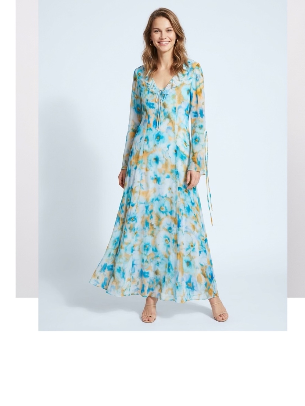 Sky Blue Floral Ruffled V-Neck Maxi Dress